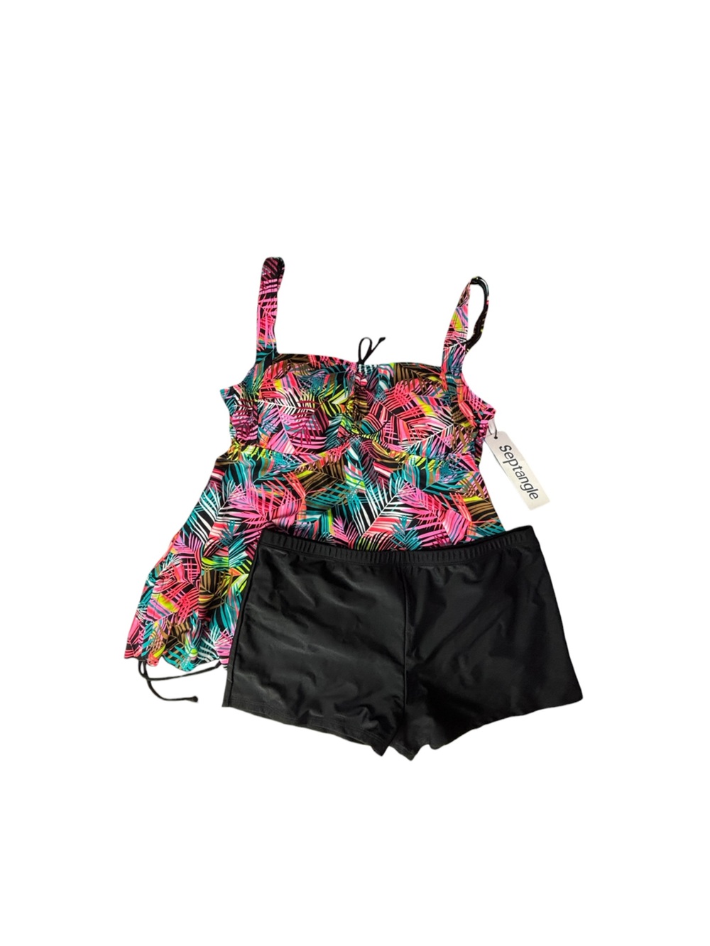 Septangle tankini colorful tropical swim top w/ black boyshort bottoms size 14